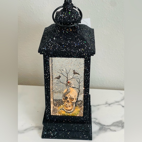 NWT Halloween lantern snow globe, lights up swirls snow, snake in skull, spooky! - Picture 1 of 8